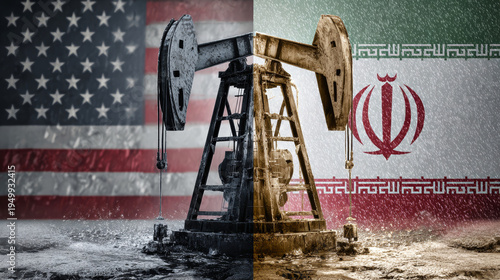 The scene shows a split design featuring the American flag and an oil pump on one side and the Iranian flag on the other. The background highlights oil rigs