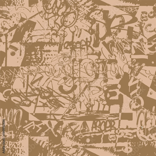 Monochrome brown 2 colors seamless grunge pattern for boy textile, sport urban clothes. Grunge graffiti texture, repeat print. Street art wall repeated ornament. Vector background