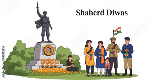 Illustration of a family paying tribute to Indian martyrs on Shaheed Diwas with a statue and flowers in a patriotic setting.
