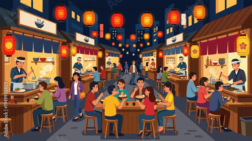 A vibrant vector illustration of a bustling Japanese street food market at night, with happy people eating ramen under glowing red lanterns.