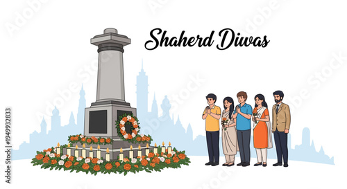 Illustration of people paying tribute to martyrs at a memorial with flowers and a wreath on Shaheed Diwas, Indian Martyrs' Remembrance Day.