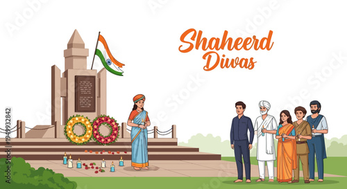 Illustration of people paying tribute to martyrs at a memorial on Shaheed Diwas with Indian flag and floral wreaths in a patriotic setting.