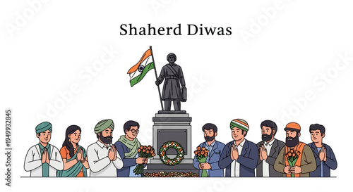 Illustration of diverse people paying tribute to a national hero statue on Shaheed Diwas with Indian flag and flowers in a patriotic remembrance concept.