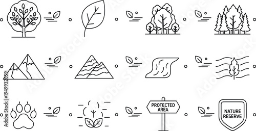 Nature Conservation and Protected Area Icons Collection with Trees, Mountains, Forest, Wildlife, Nature Reserve and Environmental Protection Symbols