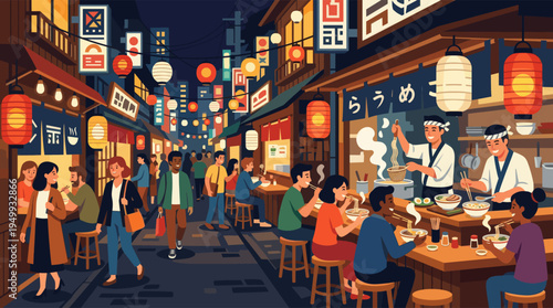 A vibrant illustration of a bustling Japanese street market at night, with a diverse crowd of people walking and eating steaming ramen noodles at a food stall under glowing lanterns.
