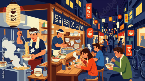 Vibrant illustration of a bustling Japanese ramen stall at night, with chefs cooking and customers enjoying steaming bowls of noodles.