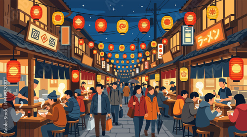 A vibrant illustration of a crowded Japanese food alley at night, with people eating ramen under glowing paper lanterns.