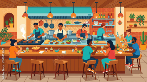A lively illustration of a busy Mexican taqueria with diverse chefs cooking in an open kitchen and happy customers eating tacos at the counter.