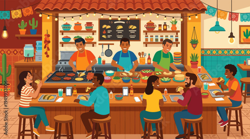 A vibrant illustration of a diverse group of friends enjoying tacos and socializing at a busy Mexican restaurant with cooks preparing fresh food.