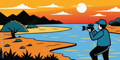 silhouette of photographer taking photo at sunset beside the riv
