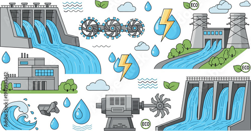 Hydroelectric Power and Water Energy Icons Collection with Dams, Water Turbines, Waterfall, Eco Energy Symbols and Renewable Hydropower Systems