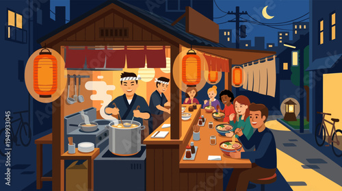 A diverse group of friends smiles while eating delicious ramen noodles at a traditional Japanese food stall on a city street at night.