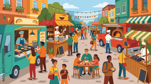 A diverse crowd of people and families enjoys a lively city street food festival with various food trucks and stalls.