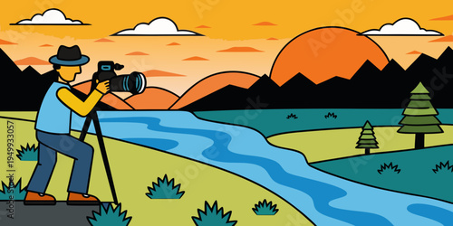 silhouette of photographer taking photo at sunset beside the riv
