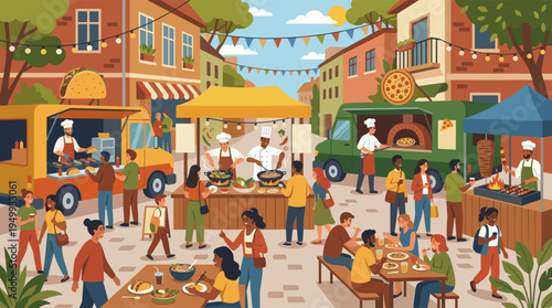 A diverse crowd of people enjoys eating and socializing at a vibrant outdoor food festival with food trucks and stalls on a sunny city street.