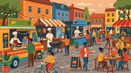 A diverse crowd of people enjoys eating and socializing at a vibrant outdoor street food market with food trucks and stalls at dusk.