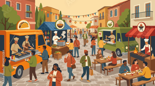 A diverse crowd of people enjoys a lively outdoor street food festival with various food trucks and stalls in a colorful city scene.