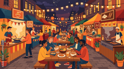 A diverse group of happy friends eats and socializes at a bustling Asian street food night market under warm string lights and lanterns.