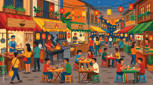 A vibrant illustration of a bustling Asian night market with a diverse crowd of people eating street food under glowing lanterns creating a festive community atmosphere.
