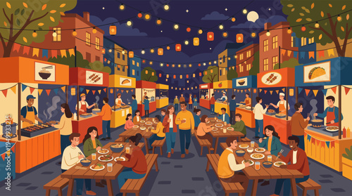 Illustration of a bustling city night market where a diverse community gathers to eat international street food under festive string lights.