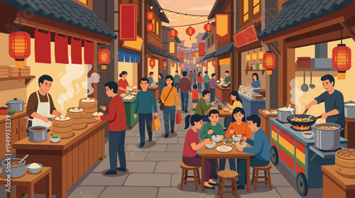 Illustration of a bustling Asian night market where people enjoy traditional street food like dumplings and noodles under hanging red lanterns.