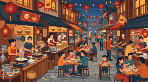 A vibrant illustration of a busy Asian street food market at night where people cook and eat noodles and dumplings under glowing red lanterns.