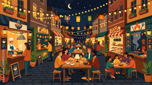A diverse crowd of people, friends, and families eat and socialize at a vibrant outdoor street food market illuminated by warm string lights and lanterns at night.