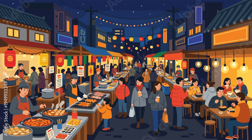 A vibrant illustration of a bustling Korean night market, where crowds enjoy traditional street food like tteokbokki under glowing lanterns.