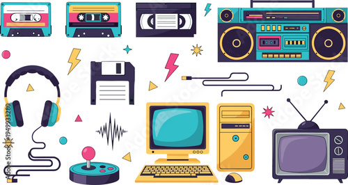 Retro 80s Tech Icons Collection with Cassette Tapes, Boombox, Floppy Disk, Computer, TV, Headphones, Game Controller and Vintage Electronics