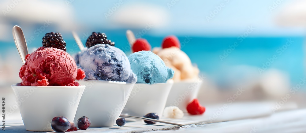 Fototapeta premium Delicious flavored ice creams on a beach background