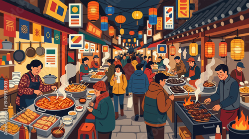A vibrant, detailed illustration of a bustling Asian night market, where a diverse crowd enjoys delicious street food from stalls illuminated by warm, glowing lanterns.