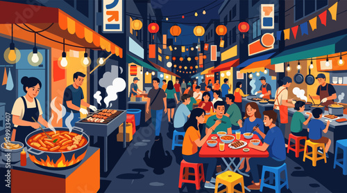 Illustration of a lively Asian night market with crowds of people eating traditional street food from vendors under colorful lanterns.