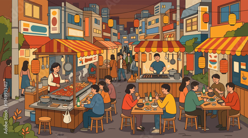 A vibrant illustration of a bustling Asian night market at dusk, with people enjoying delicious street food at outdoor stalls under warm lanterns.