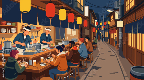 A diverse group of friends enjoy steaming bowls of ramen at a lively outdoor food stall in a Japanese alleyway at night, warmly lit by colorful lanterns.