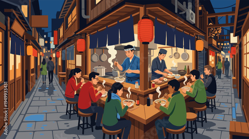Customers enjoy hot ramen at a bustling outdoor food stall in a traditional Japanese city alleyway at night.