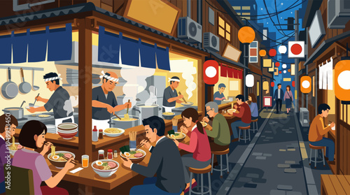 An illustration of a bustling Japanese ramen restaurant at night, with chefs cooking and customers eating noodles under glowing lanterns.