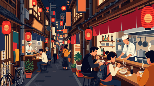 An illustration of a bustling Japanese alley at night, with people eating ramen at a cozy food stall under glowing red lanterns.