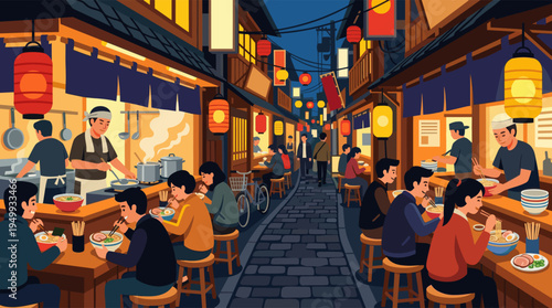 A lively vector illustration of a bustling Japanese food alley at night, with people enjoying ramen under the warm glow of traditional lanterns.