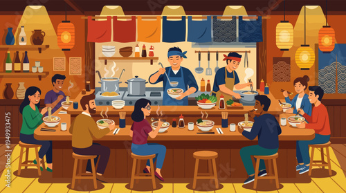 A diverse group of friends enjoys hot steaming bowls of ramen at the counter of a cozy and bustling traditional Japanese noodle bar with warm lighting.