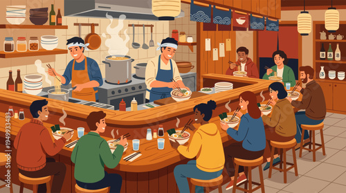 A warm and inviting illustration of a traditional Japanese noodle bar, with chefs serving steaming ramen bowls to a diverse group of happy customers.