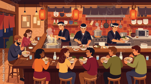A warm and lively illustration of diverse friends eating steaming bowls of ramen at a bustling Japanese noodle shop with an open kitchen.