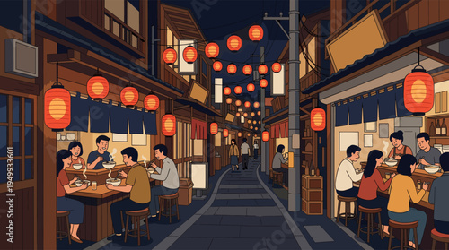 An illustration of a bustling Japanese alley at night, with people eating noodles under the warm glow of red paper lanterns.