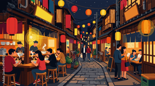 A lively illustration of a Japanese food alley at night, with people eating noodles at stalls and walking down a cobblestone street illuminated by warm lanterns.