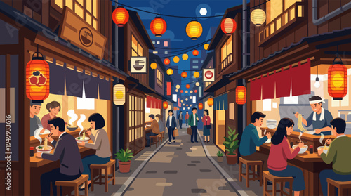 Bustling Japanese food alley at night where people eat ramen at outdoor stalls under the warm glow of paper lanterns.