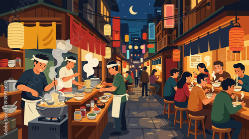 A vibrant illustration of a busy Japanese ramen stall at night, with chefs serving hot noodles to customers eating at a crowded outdoor counter under glowing lanterns.