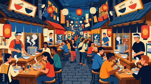 A vibrant illustration of a diverse crowd enjoying steaming ramen at a bustling Asian night market illuminated by warm paper lanterns.