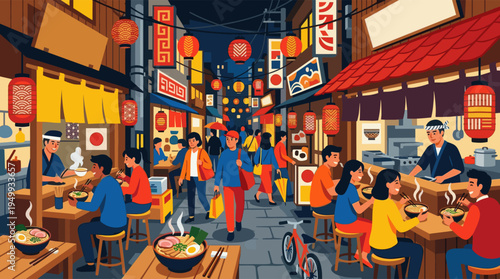 Vibrant illustration of a bustling Japanese street food market at night, with people eating ramen and walking under glowing lanterns.