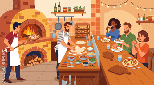 Happy diverse friends eat fresh hot pizza from a brick oven in a warm, cozy Italian pizzeria restaurant.