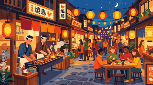 A vibrant illustration of a bustling Japanese street market at night, where diverse people enjoy delicious yakitori under glowing paper lanterns.