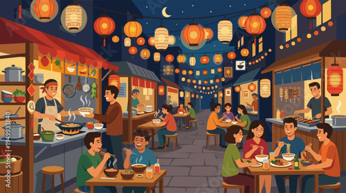 A lively vector illustration of an Asian street food market at night, with people eating noodles and skewers from stalls under festive glowing lanterns.